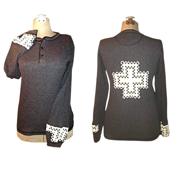 Altered Thermal Knit Top Shirt Vintage Crochet Cross Waffle Weave Henley Upcycle - Picture 1 of 9